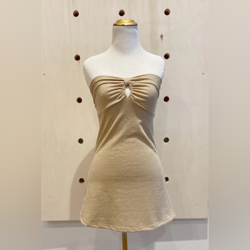 Y2K Strapless Stretchy Gold Sparkly Knit Ultra Mini Dress with Cut Out
